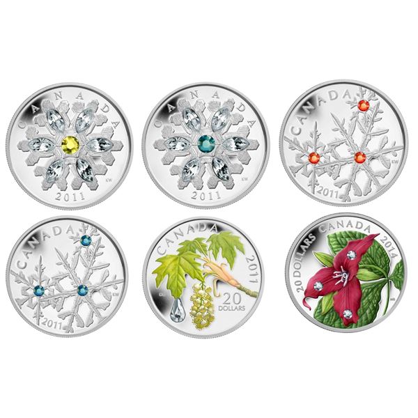 2011 $20 Topaz Crystal Snowflake, Emerald Crystal Snowflake, Hyacinth Red Small, Montana Blue Small,