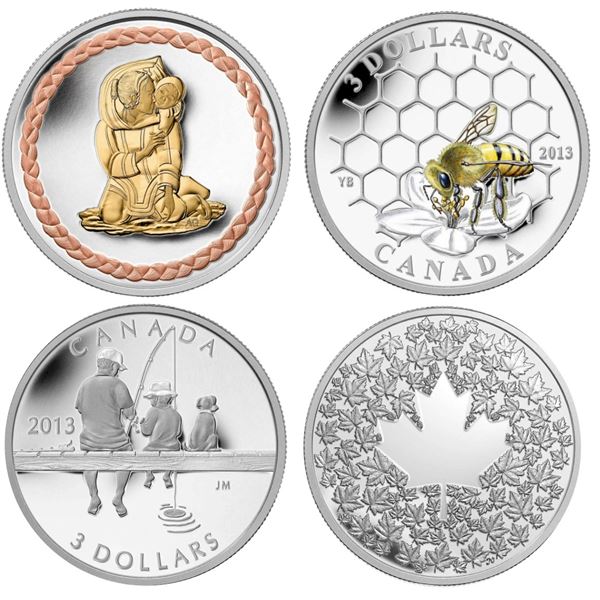 2011 $3 Aboriginal Art: Family Scene, 2013 Fishing, Animal Architects: Bee & Hive & Maple Leaf Impre