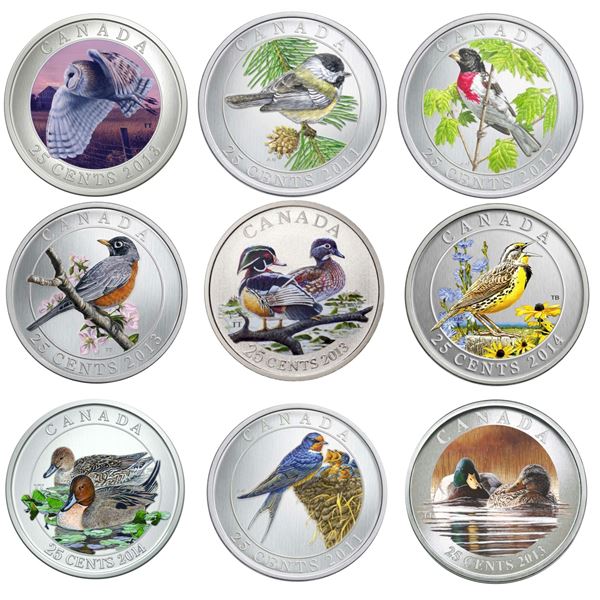 2011 25¬¢ Barn Swallow, Black Capped Chickadee, 2012 Rose Breasted Grosbeak, 2013 Wood Duck, Barn Ow