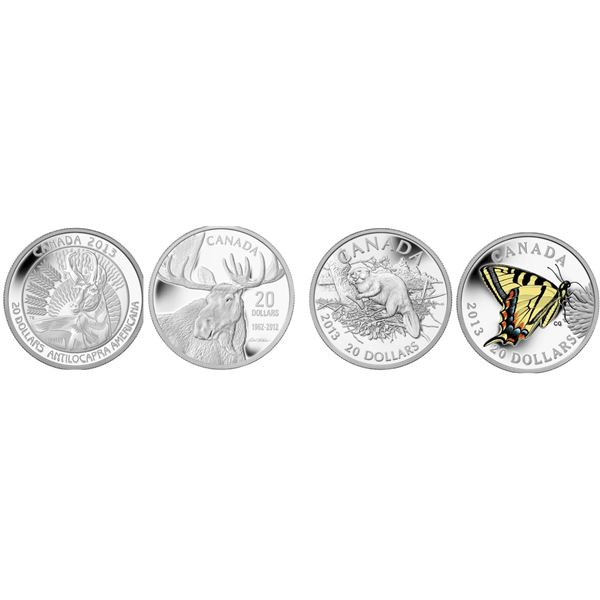 2012 $20 Fine Silver Coin Bull Moose from The Moose Family, 2013 Beaver, 2013 Untamed Canada: Prongh