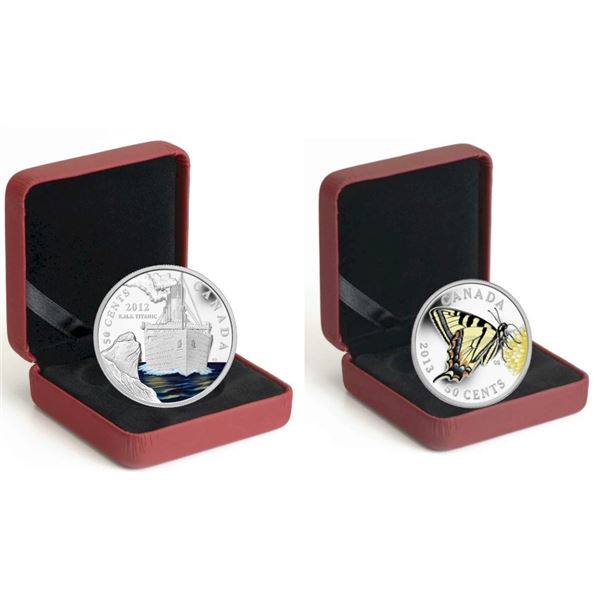 2012 50¬¢ R.M.S.Titanic & 2013 50¬¢ Butterflies of Canada: Canadian Tiger Swallowtail - Lot of 2 Sil