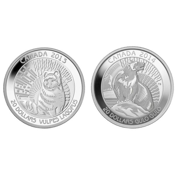 2013 $20 Arctic Fox & 2014 $20 The Wolverine - Lot of 2 Pure Silver Coins.  Tax Exempt.