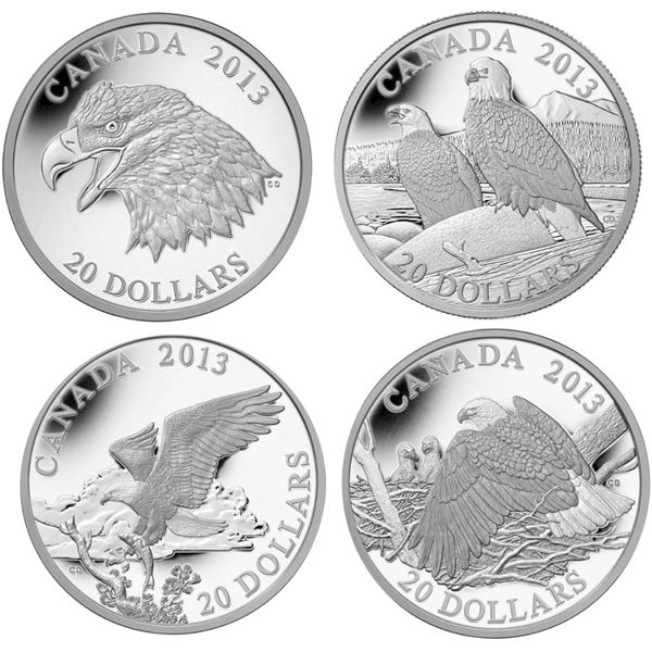 2013 $20 Fine Silver The Bald Eagle, Portrait of Power, Lifelong Mates, Mother Protecting Her Eaglet