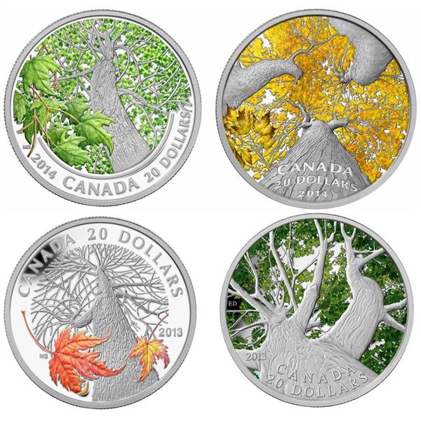 2013 $20 Maple Canopy: Autumn, Spring, 2014 $20 Spring Splendour, & Autumn Allure - Lot of 4 Pure Si