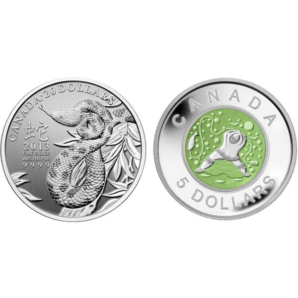 2013 $20 Year of the Snake & $5 Contemporary Aboriginal Art: Father Ice Fishing - Lot of 2 Pure Silv