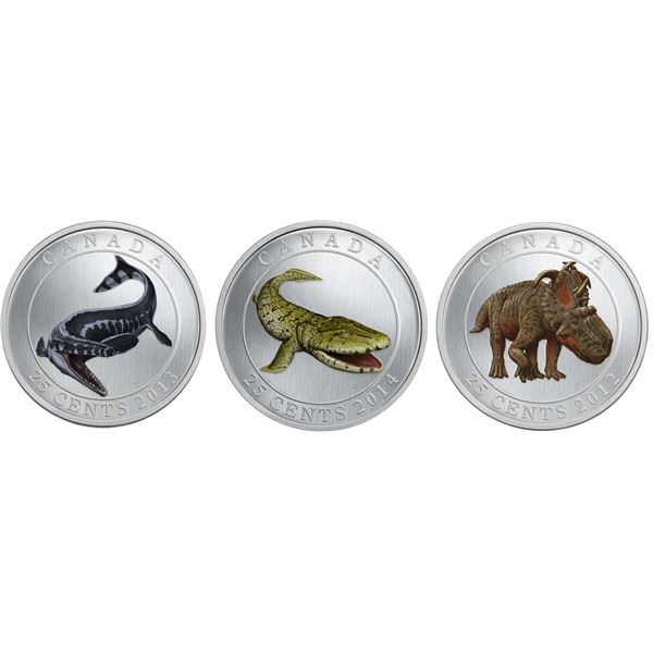 2013 25¬¢ Prehistoric Creatures: Tylosaurus Pembinensis, Tiktaalik & Pachyrhinosaurus Lakustai both 