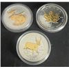 Image 1 : 2009 $5 Silver Maple Leaf Tower Bridge Gold Plated, 2013 $5 Antelope Gold Plated, and 2013 $5 Majest