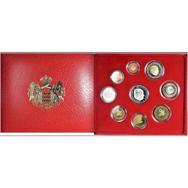 Monaco;  2004 Proof Set Euro - Monnaie de Paris Rainier III 9-Coin set in red leather case.