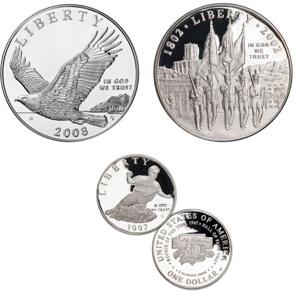 USA;  1997 $1 Jackie Robinson, 2002 U.S Military Academy Bicentennial & 2008 Eagle Silver Proof  Com