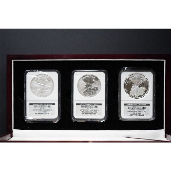 USA; 2006 $1 American Eagle 20th Anniversary Silver Coin Set, W PF69, P Reverse PF69 & 2006 W MS69. 