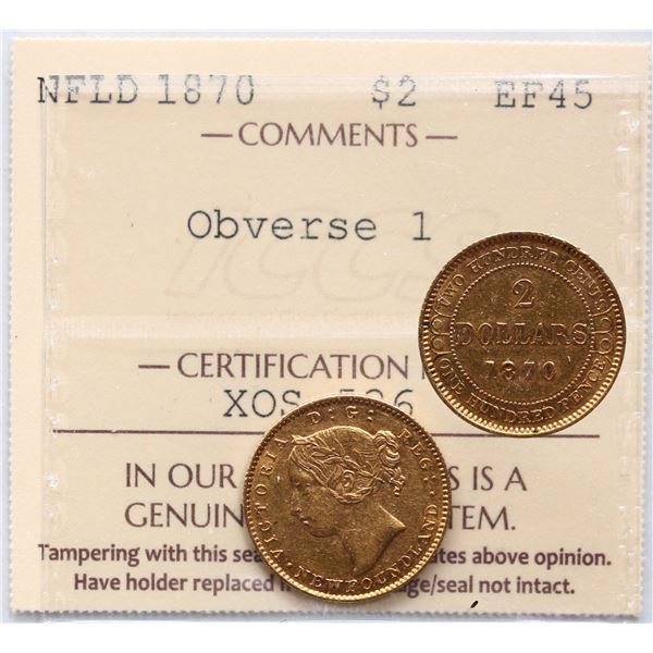 Nfld 1870 Obverse 1 - 3 dots -  $2 Gold ICCS EF45 - Brilliant and lustrous.