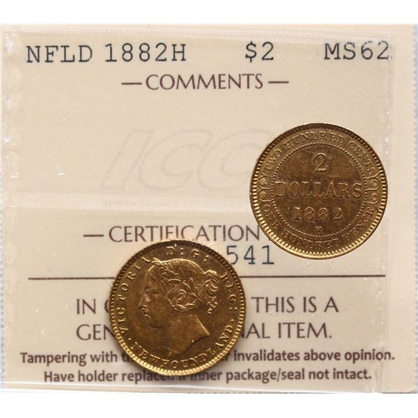 Nfld 1882H -  $2 Gold ICCS MS62 - Brilliant and lustrous.
