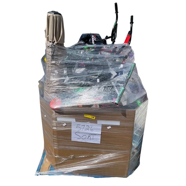 Surprise Pallet of Misc Outdoor & Sporting Items - Bicycles, Scooters, Inflatable Snow Bunker, Snows
