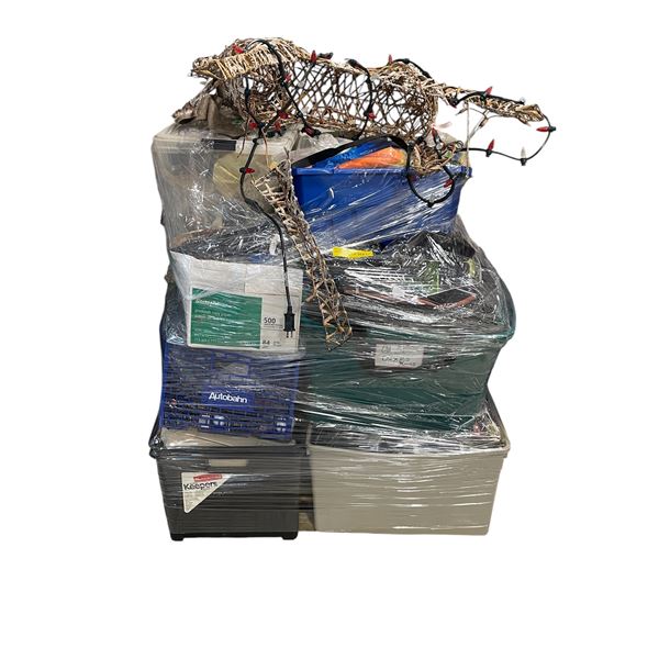Pallet of Estate Items – Includes deer Christmas décor, storage totes, luggage, lights etc