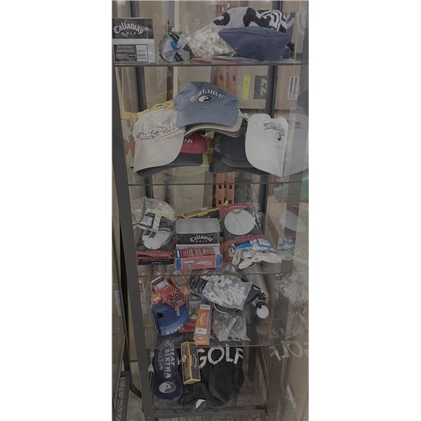 4 Shelves of New Callaway Golf Hats, Tees, Gloves and Golf Balls