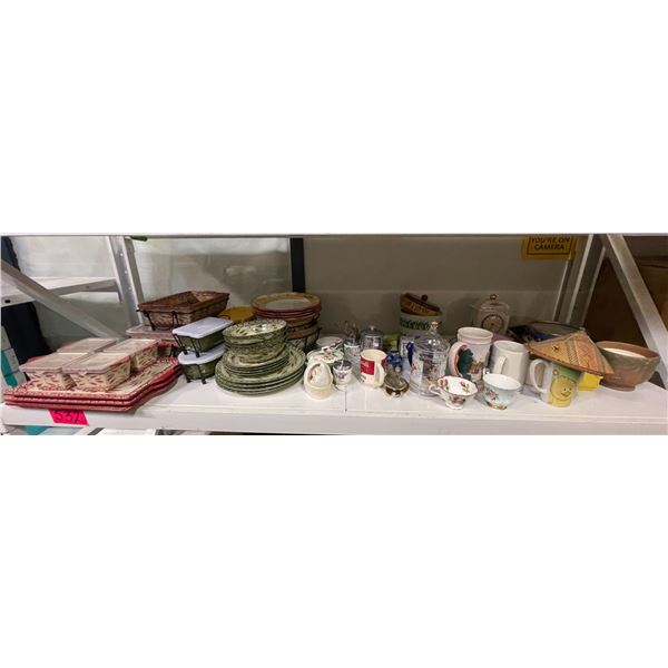 Shelf Lot of China Plates, Mugs, Bowls, Teacups, Clock and More