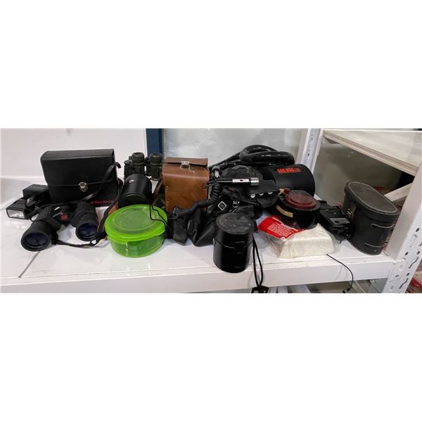 Shelf Lot of Camera Accessories, Binoculars and Cases
