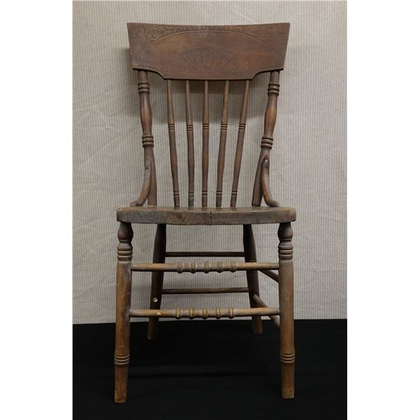 Wooden Spindle-Back Chair w/ Etched Back 16" x 16" x 39"H