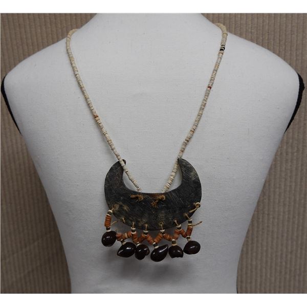 Beaded Necklace w/ Shell Half Moon Pendant & Fringe from the Soloman Islands 32"L x 4"W