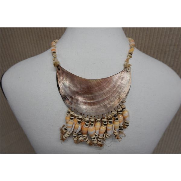 Beaded Necklace w/ Half Moon Pendant & Fringe 22"L x 5"W