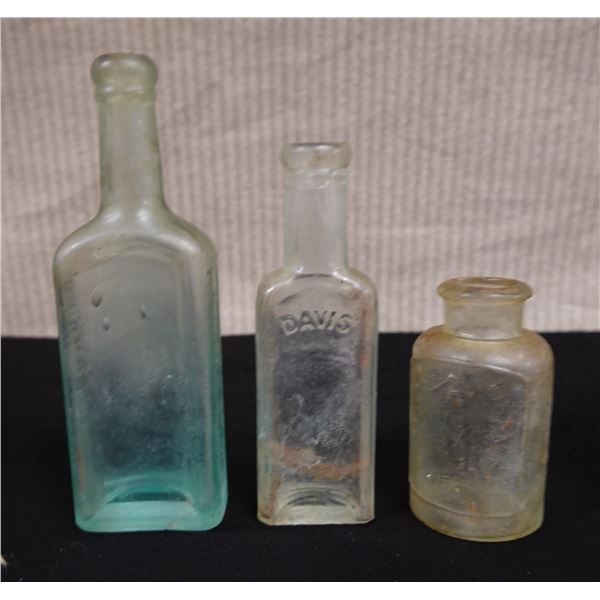 Qty 3 Miniature Glass Bottles: Marked Davis, Castoria, etc, Misc Sizes to 6"H