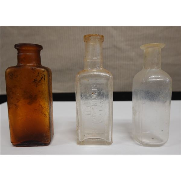 Qty 3 Miniature Glass Bottles: Marked Sewing Machine, etc, Misc Sizes to 4.5"H