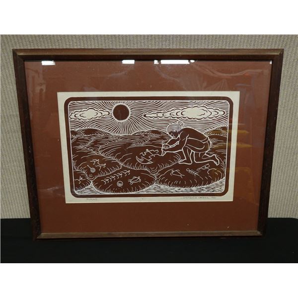Puako Petroglyph Artwork by Dietrich Varez 1981, Wood Framed 24.5" x 19"