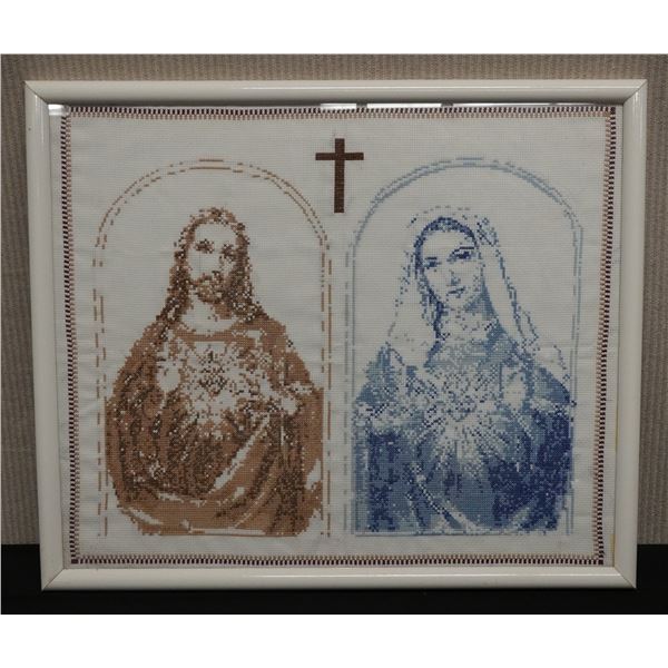 Jesus & Mary Cross-Stitch Artwork by Janet Benito 2000, Framed 25.5" x 21.5"
