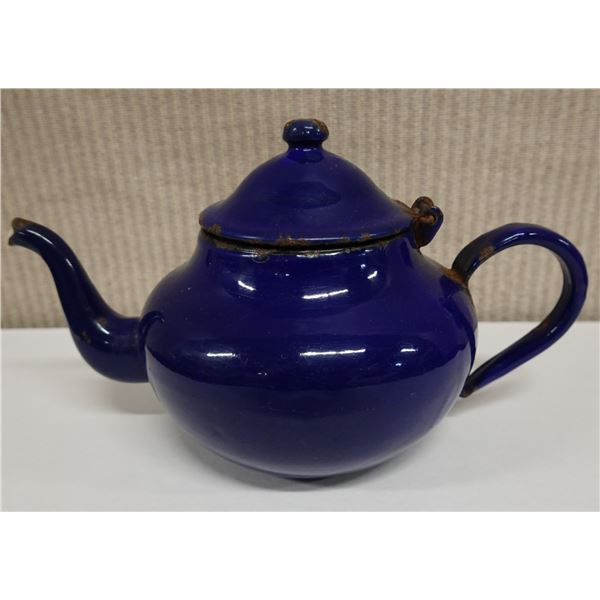 Blue Enamel Tin Tea Pot w/ Maker's Mark Made in Yugoslavia 10" x 6"H