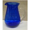Image 1 : Blue Glass Water Pitcher w/ Maker's Mark 8" Dia, 9"H
