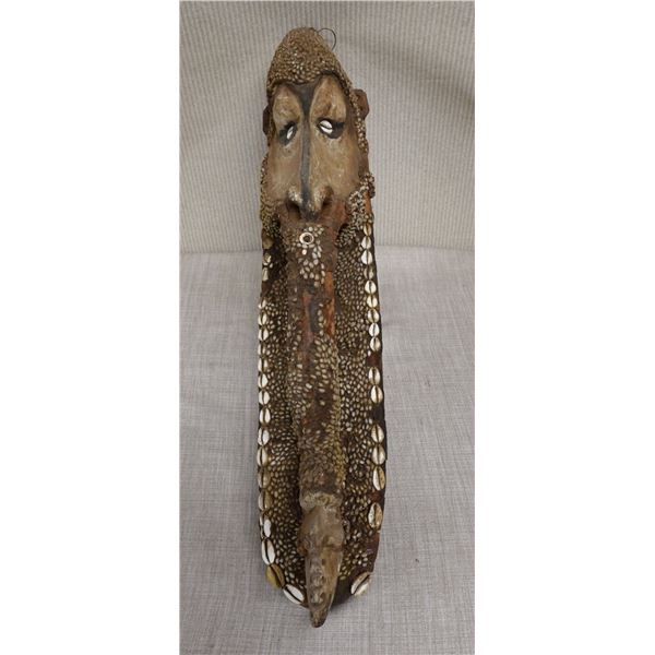 Ancestor Head Wooden Mask w/ Cowrie Shell Accents (heavy) 7" x 8" x 34"H