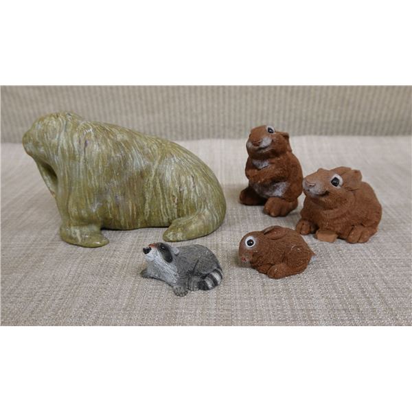 Qty 5 Ceramic Figurines: 3 Rabbits, Walrus & Racoon, Some Signed, Misc Sizes