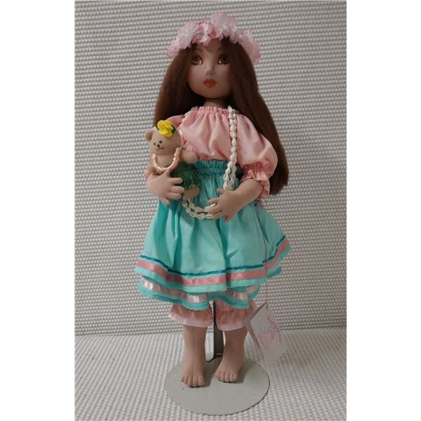 Hawaiian Cloth Doll in Blue Kahiko Costume  w/ Bear by Sharon Miyahira 20"H