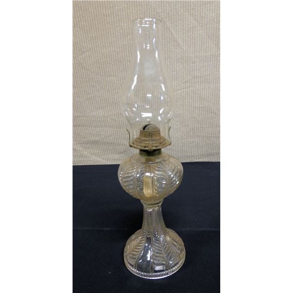 Antique Clear Glass Kerosene Lamp w/ Round Reservoir, Dimples & Chimney 4.5" Dia, 19"H