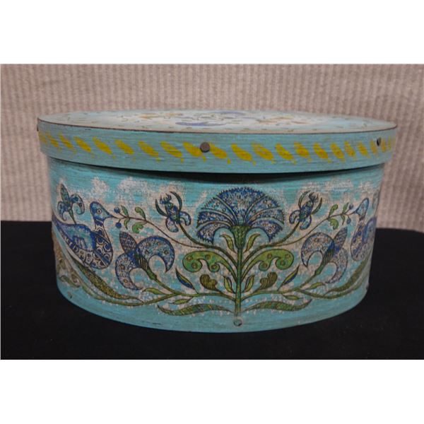 Oval Wooden NE Shaker Box Lid by Wilton Lee Ltd,  Blue Painted w/ Angels & Birds  11" x 8" x 6"H