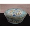 Image 2 : Oval Wooden NE Shaker Box Lid by Wilton Lee Ltd,  Blue Painted w/ Angels & Birds  11" x 8" x 6"H