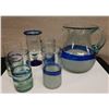 Image 1 : Misc Glassware w/ Blue Stripe: Glasses, Footed Goblet, Pitcher, etc Misc Sizes