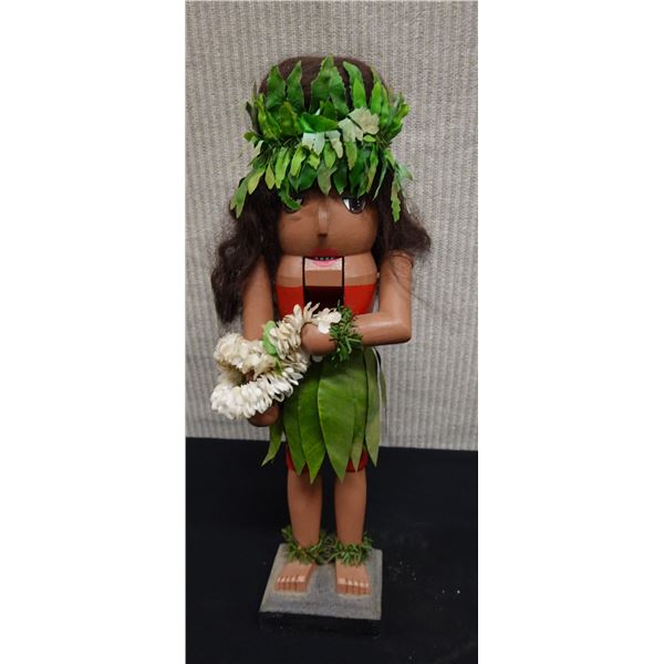 Hawaiian Nutcracker Red Hula Girl w/ Ti Leaf Skirt by Artist Lorna Blackburn, Maui 15"H