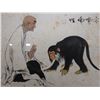 Image 3 : Chinese Man w/ Monkey Artwork Handpainted by a Student in Shanghai, Framed 14" x 14"