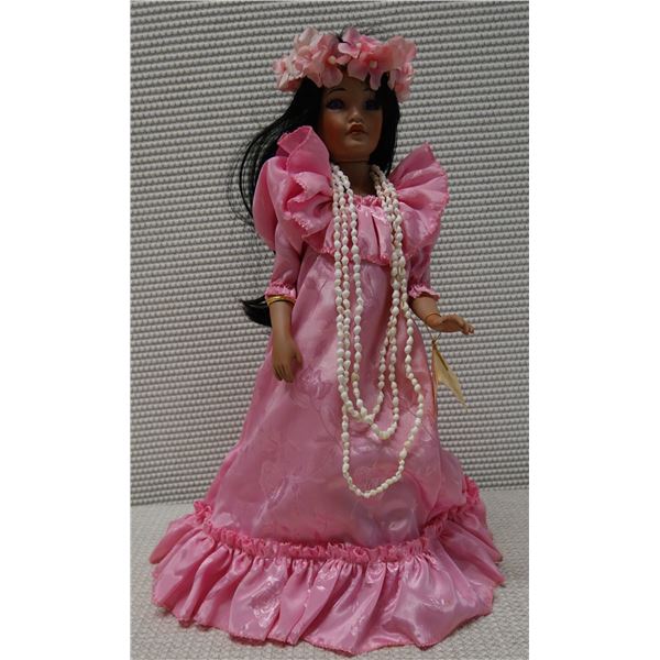 Hawaiian Heritage Dolls "Nani" (beauty) in Pink Holoku by Mary Yap, 16"H