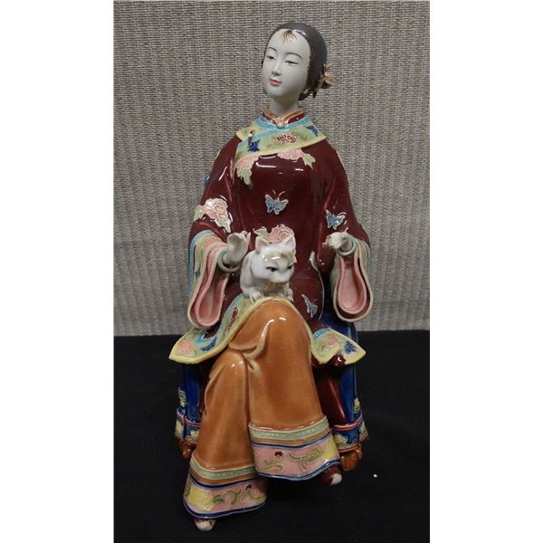 Chinese Porcelain Doll Girl Sitting w/ Cat & Maker's Mark (earring damage) 10"H
