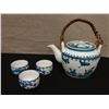 Image 1 : Chinese Blue & White Tea Set 8" x 6"H w/ Tea Pot & 3 Small Cups 2"H w/ Maker's Marks