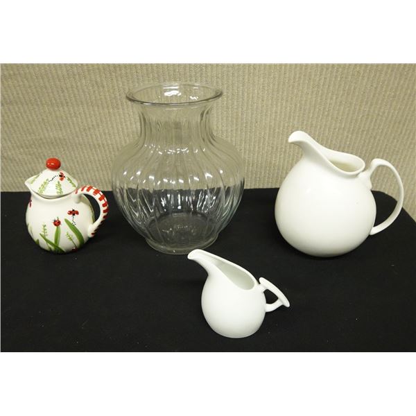 Qty 3 Porcelain Creamers & Ribbed Glass Vase, Misc Sizes