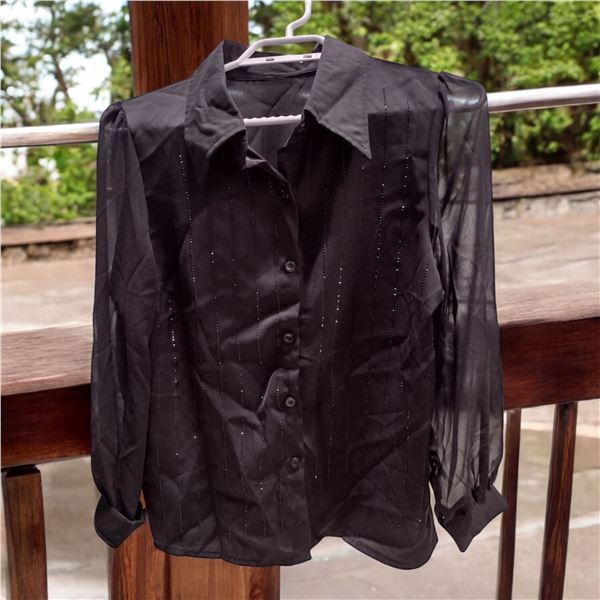 Black satin shirt with glitter lines and net sleeves Size M
