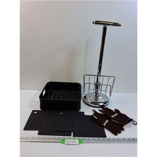 Toilet Paper Holder, Basket, Rubber Trivets, Potato Gloves