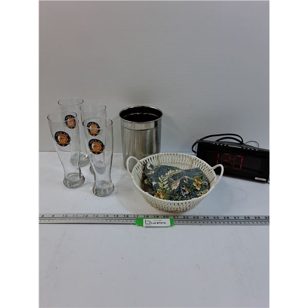 (4) Shock Top Beer Glasses, Alarm Clock (Powers On), Misc