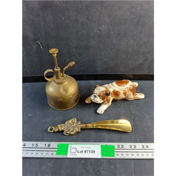 Brass Shoe Horn, Brass Oil Can and Ceramic Dog Decor