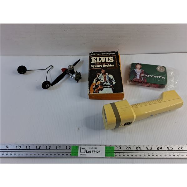 Elvis Presley Book, Cameco Flashlight, Macdonald Export A Case and Miniature Airplane Parts
