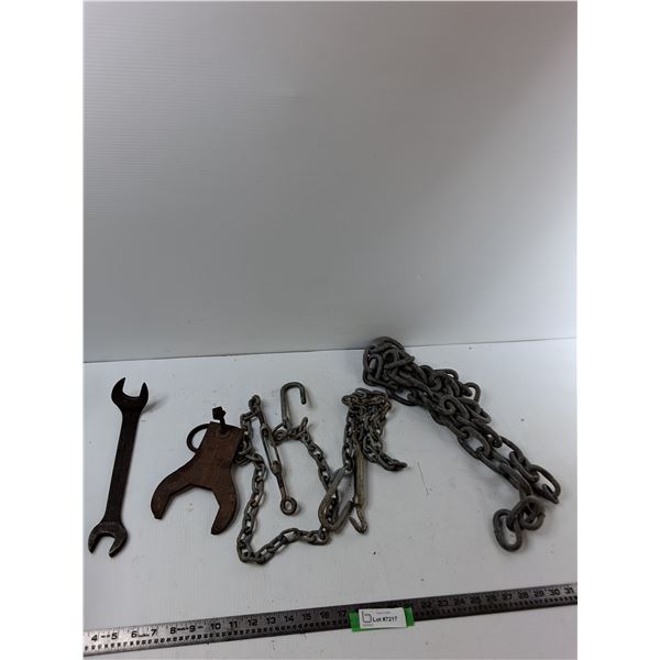 Assorted Items - Open Ended Wrench, Assorted Chains, Misc