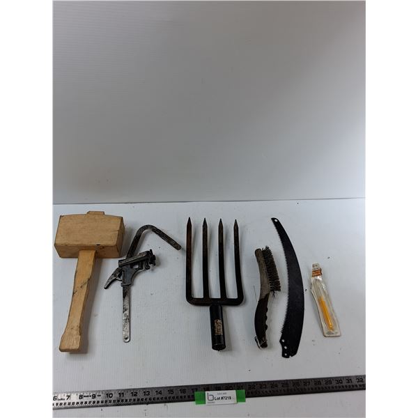 Assorted Items - Wooden Mallet, Wire Brush, Seam Ripper, Misc
